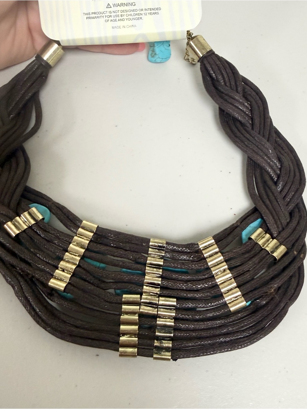NEW Boutique Boho Brown Leather Multi-Strand Turquoise Stone Statement Necklace - Picture 5 of 6